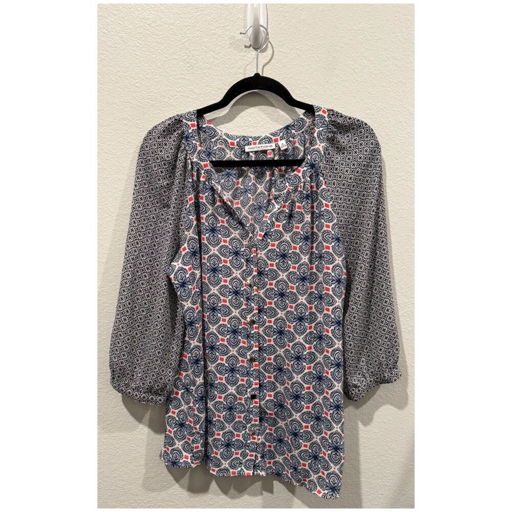 NOTATIONS V-Neck Multicolor 3/4 Sleeves Red Blue Black Blouse